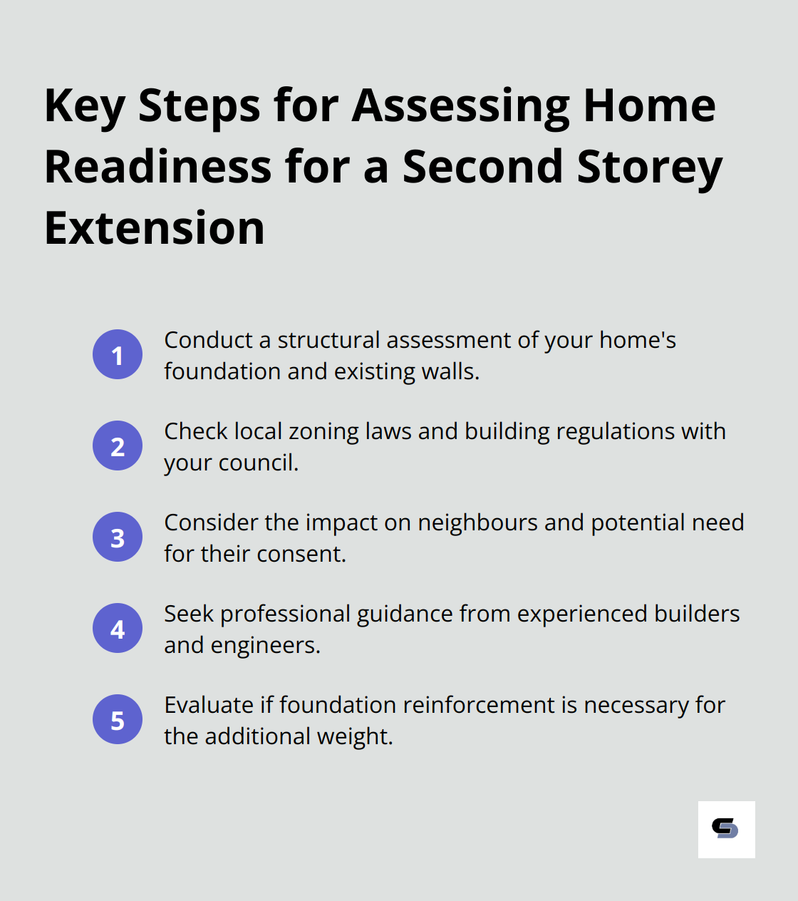 An ordered list showing 5 key steps to assess if a home is ready for a second storey extension: structural assessment, local regulations check, neighbour considerations, professional guidance, and foundation evaluation. - second storey house extension