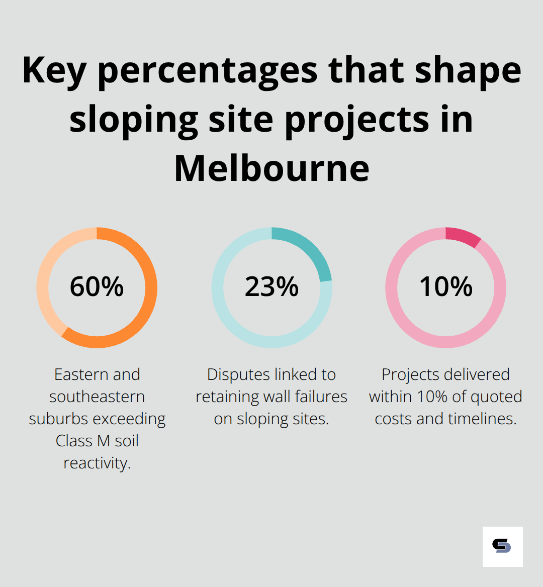 Crucial percentages for soil reactivity risk, retaining wall disputes, and delivery performance in Melbourne sloping projects.