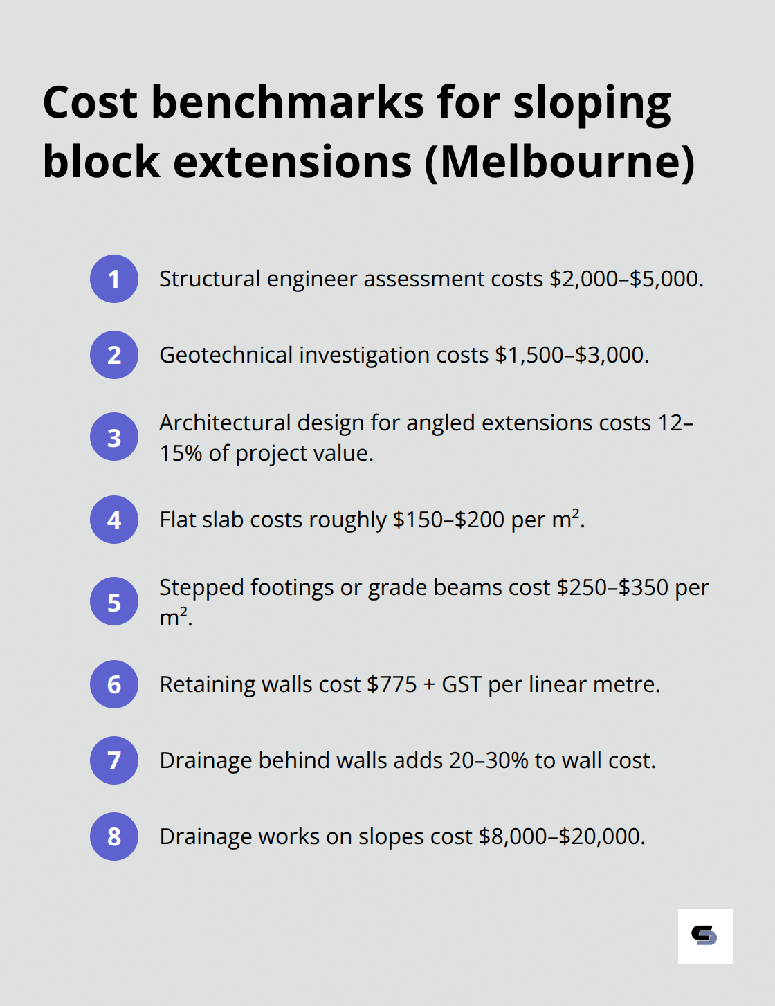 Compact list of key cost ranges for sloping-site extensions in Melbourne. - sloping lot extensions melbourne