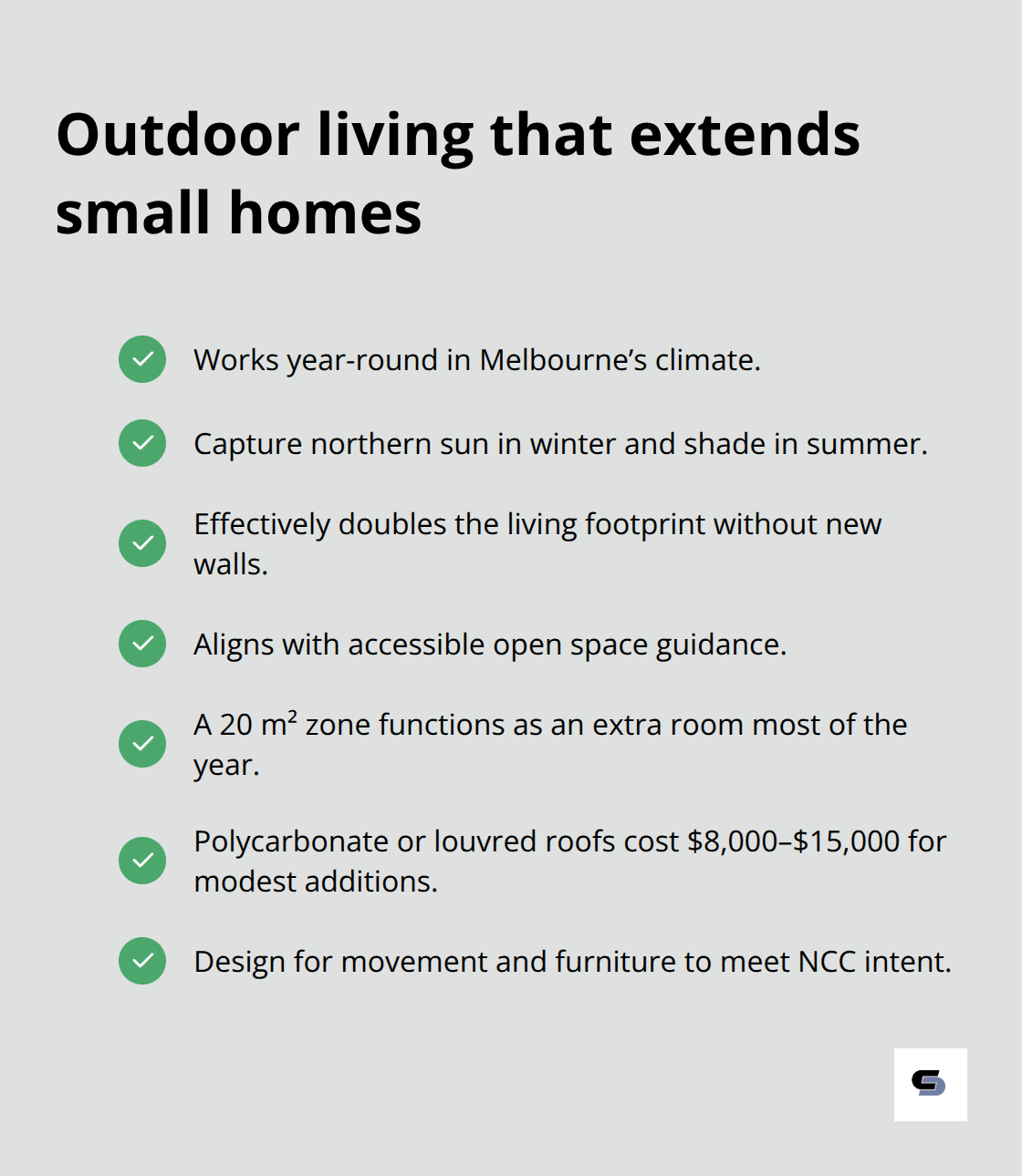 Checkmark list of benefits and costs for well-oriented alfresco areas