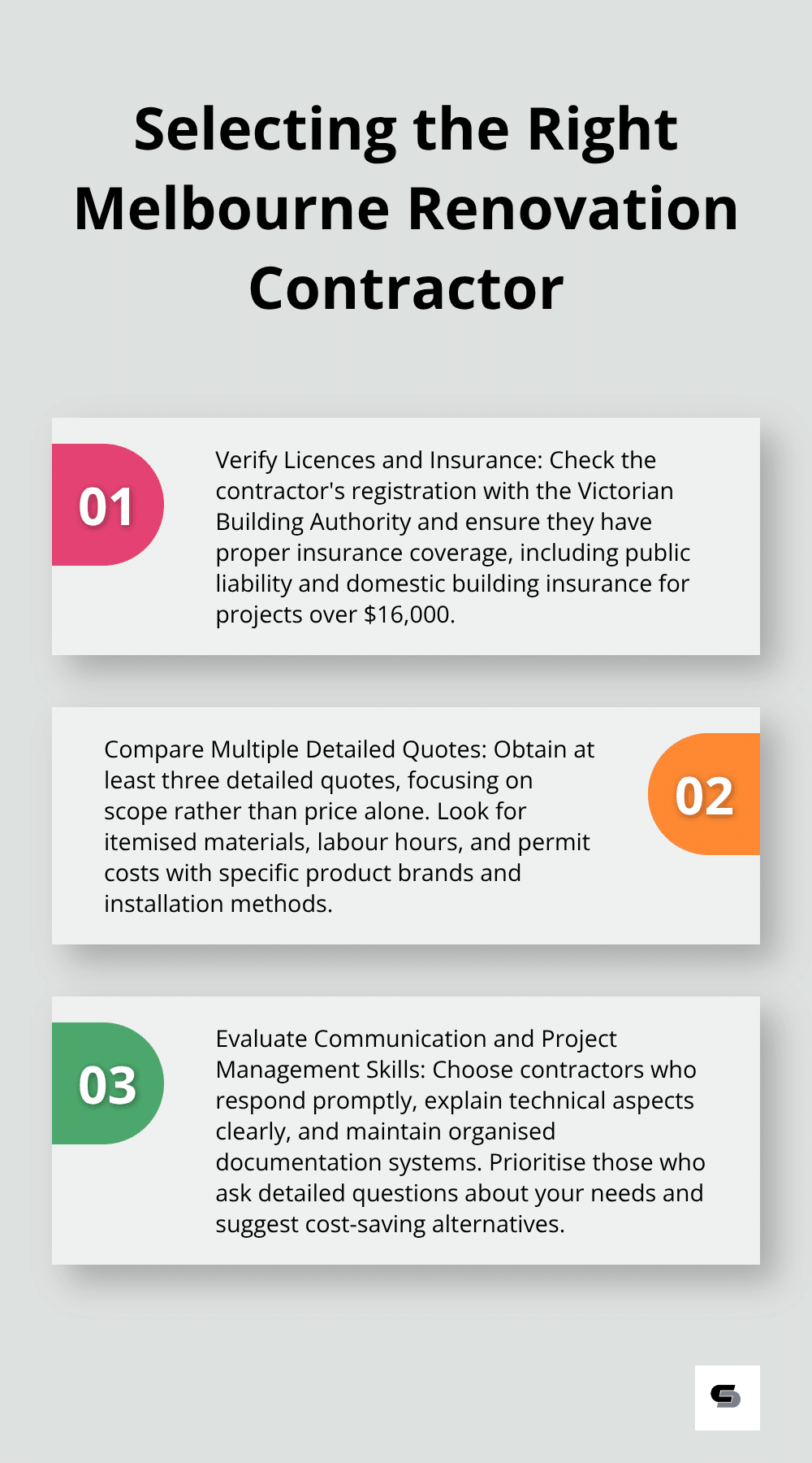 Ordered list chart showing three key steps in choosing a renovation contractor - small home renovations melbourne