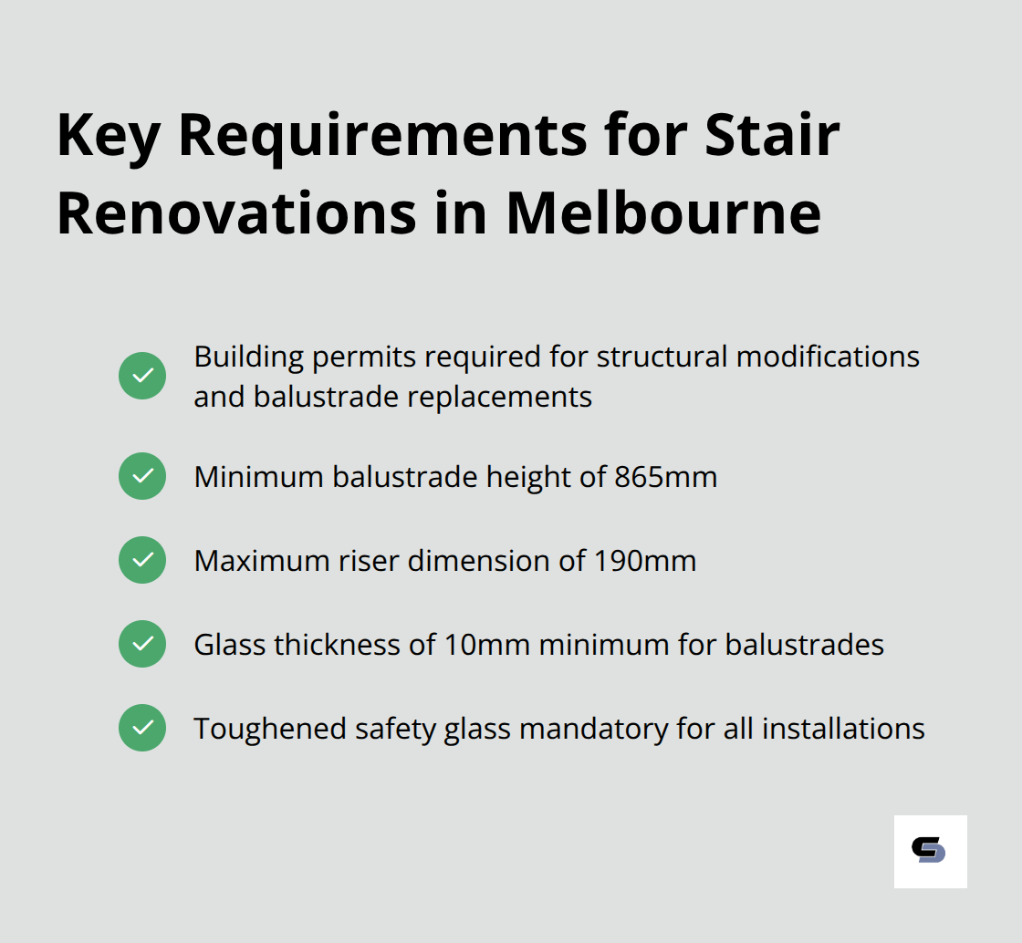 Checkmark list showing key requirements for stair renovations according to Melbourne building codes - stair renovations melbourne