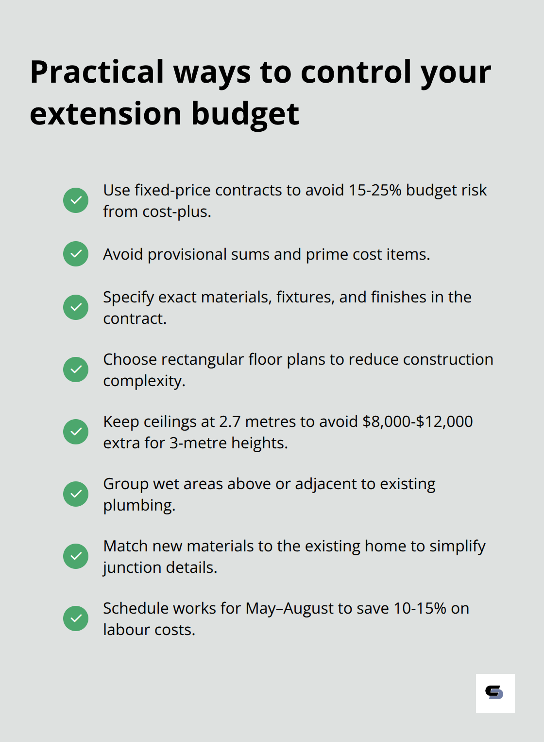 Checklist of cost-control tactics for Melbourne two-storey extensions
