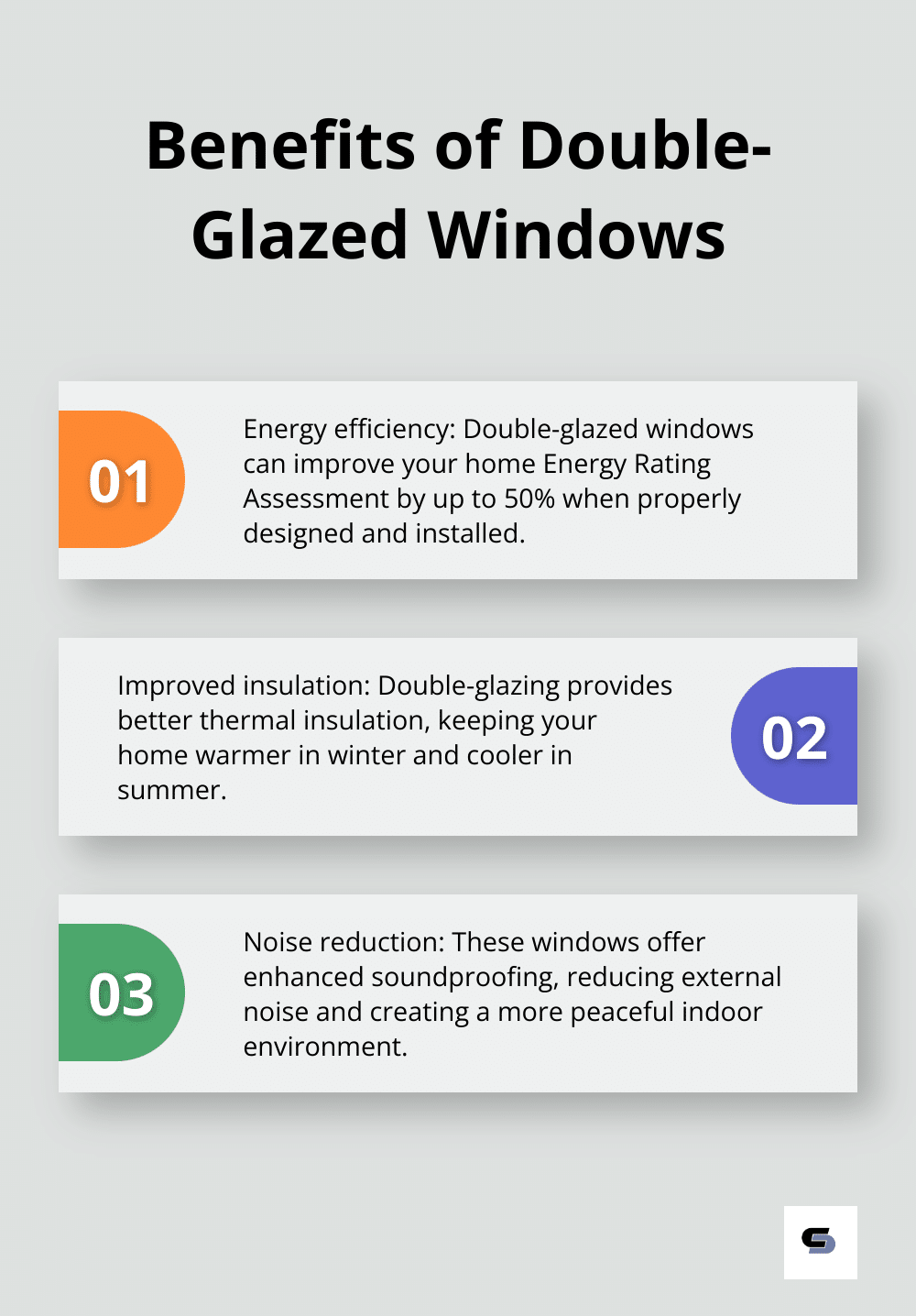 Ordered list chart showing three key benefits of installing double-glazed windows in weatherboard homes, including improved energy rating.