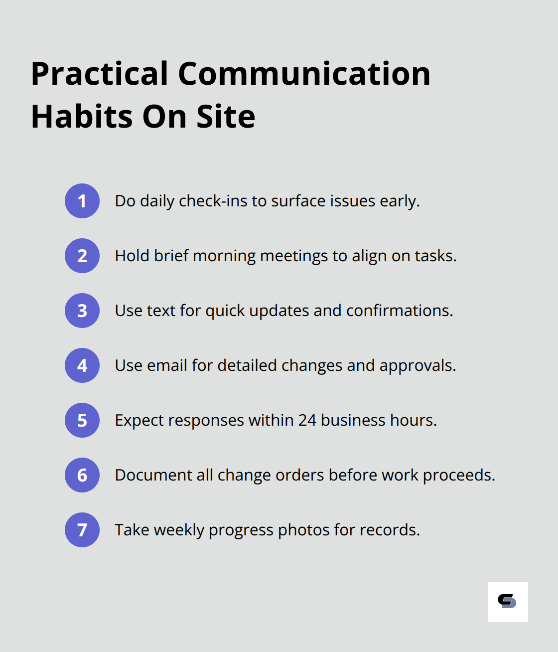Compact list of communication practices for managing contractors