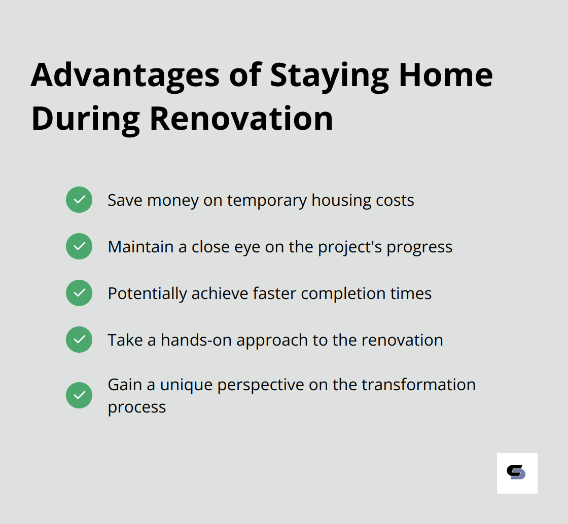 Checklist of benefits for staying in your home during renovation: save money, monitor progress, faster completion, hands-on approach, and unique perspective. - where to live during house renovation