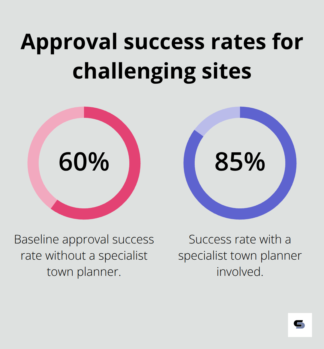 Two percentage metrics comparing planning approval success with and without a specialist town planner - wrap around extension floor plans